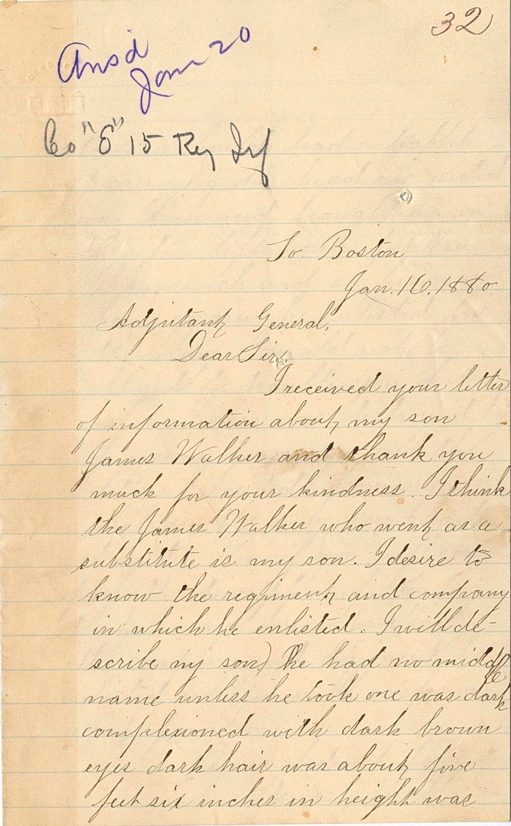 Miniature of Stewart Walker describing his son James Walker to try and find what regiment he may have enlisted in, 1880-01-16