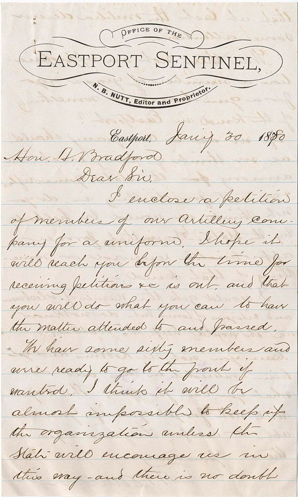 Miniature of E. B. Nutt sending a petition for his compay to receive uniforms and asking about funding for an armory for Eastport, 1880-01-30