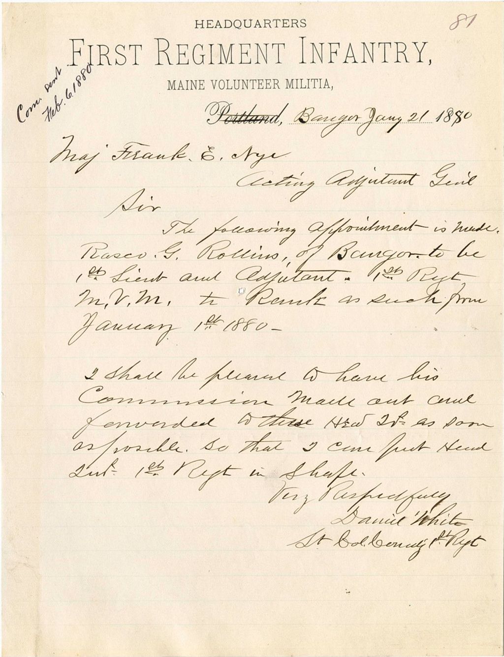 Miniature of Daniel White sending information of the appointment of [Rasev] G. Rollins, 1880-01-21