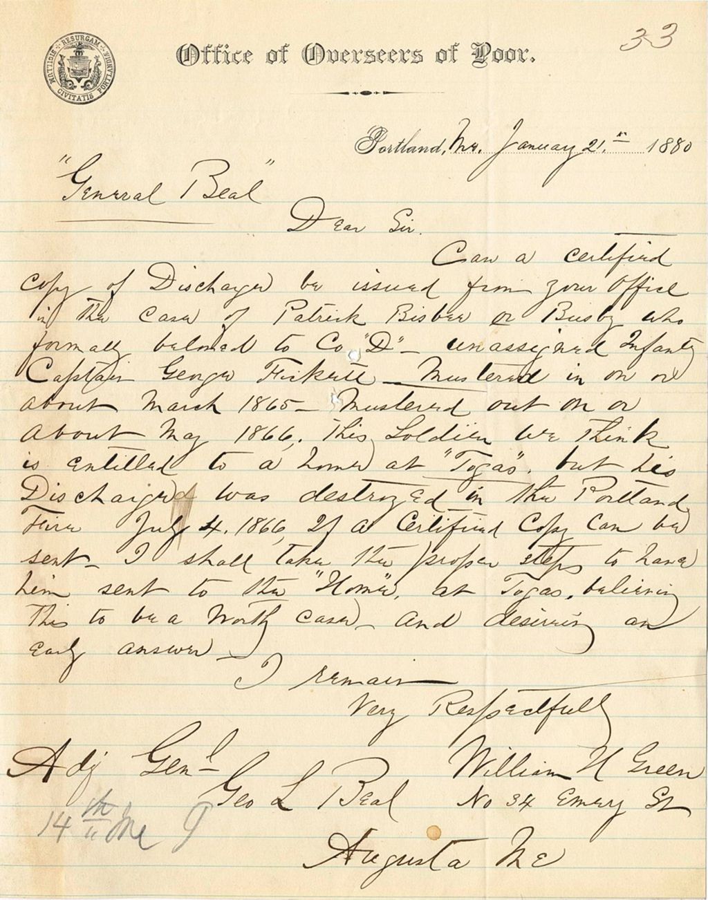 Miniature of William N. Green requesting a certified copy of discharge for Patrick Bisber, 1880-01-21