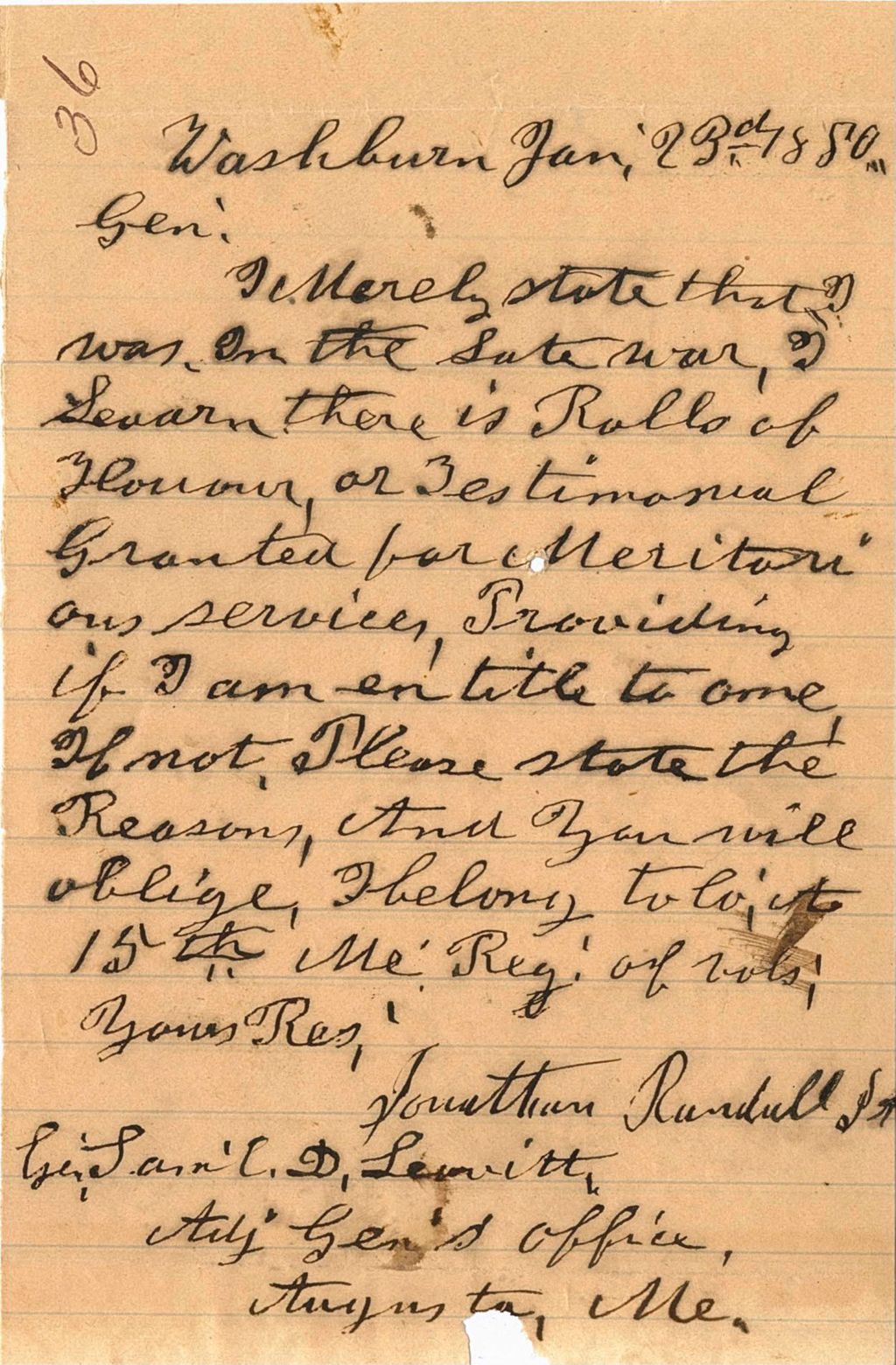 Miniature of Jonathan Randall Sr. requesting a testimonial of his service, 1880-01-23