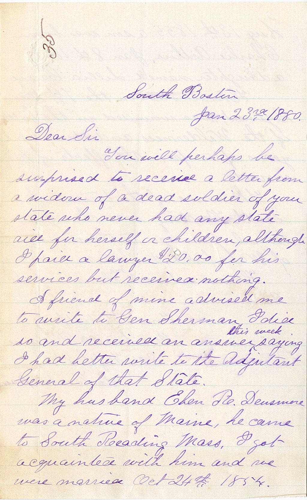 Miniature of Mrs. Leucille Densmore widow of Ehen R. Densmore writing to see if she is eligible for aid, 1880-01-23