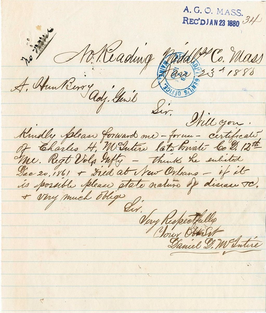 Miniature of Daniel D. McIntire requesting a certificate of [enlistment] for Charles H. McIntire, 1880-01-23