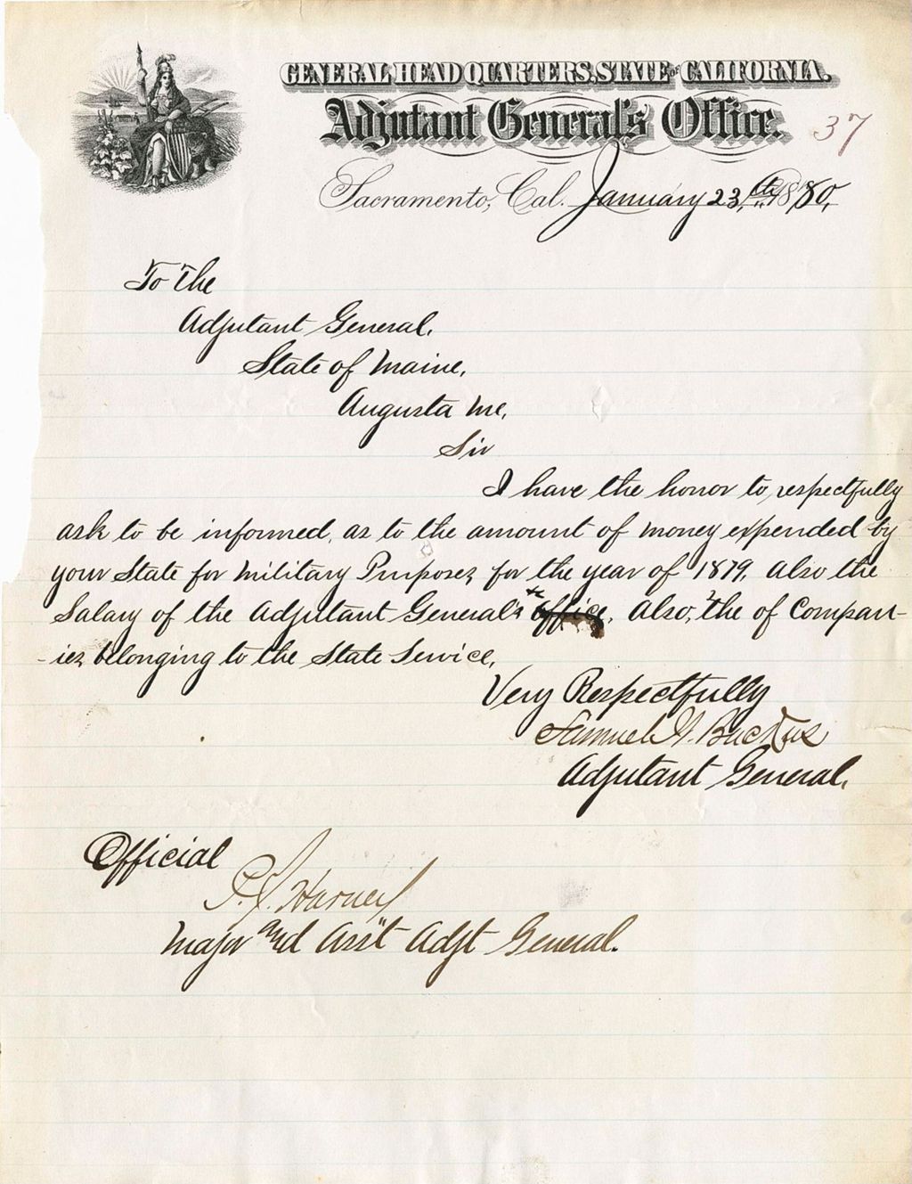 Miniature of Samuel H. Backus, adjutant General of California, requesting the amount of money the state of Maine has spent for military purposes for the year of 1879, 1880-01-23