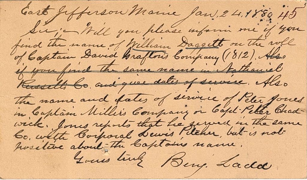 Miniature of Berry Ladd requesting the dates of service for William Daggett and Peter Jones, 1880-01-24