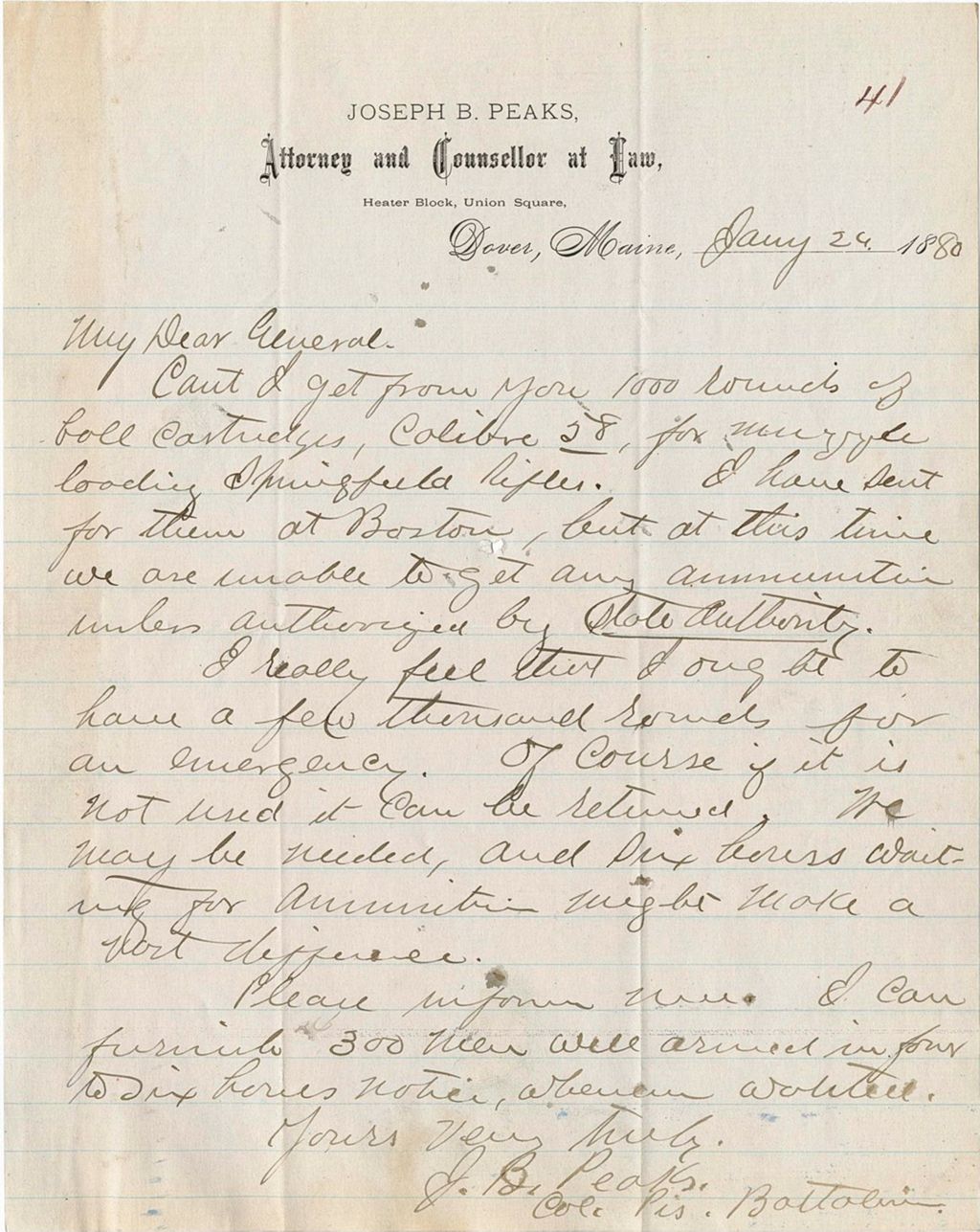 Miniature of Joseph B. Peaks requesting to be send ammunition, 1880-01-24