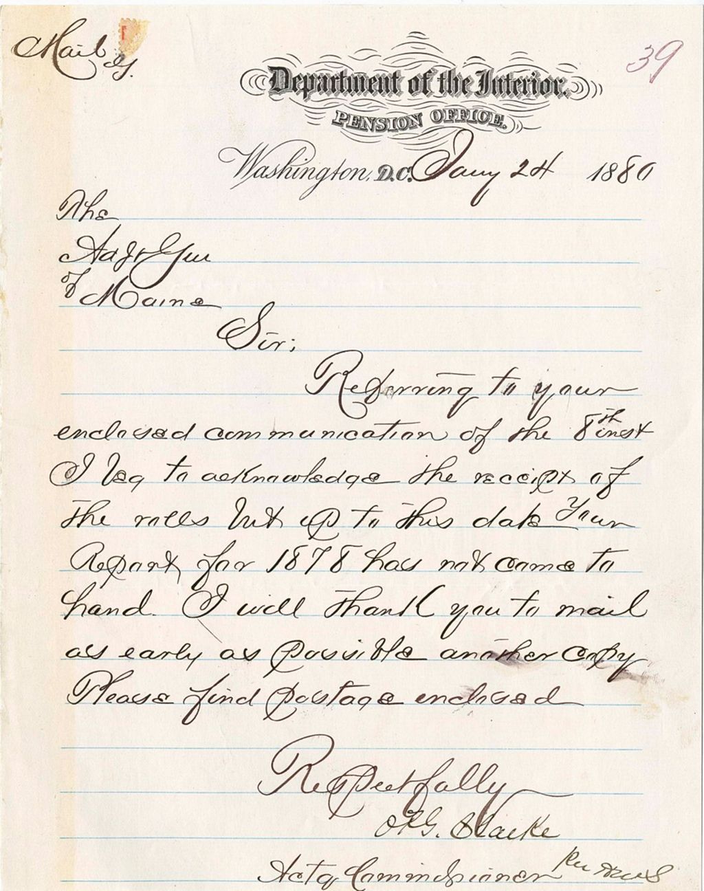 Miniature of O. P. S. Blacke, acting commissionor of the Department of the Interior, requesting rolls from 1878 be sent back to him, 1880-01-24