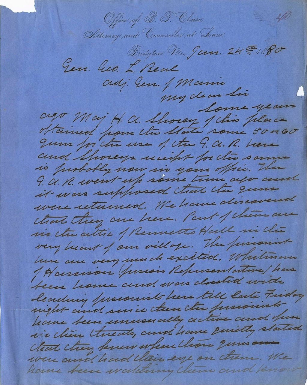 Miniature of B. T. Chase requesting an order be issued so that they can move guns, 1880-01-24