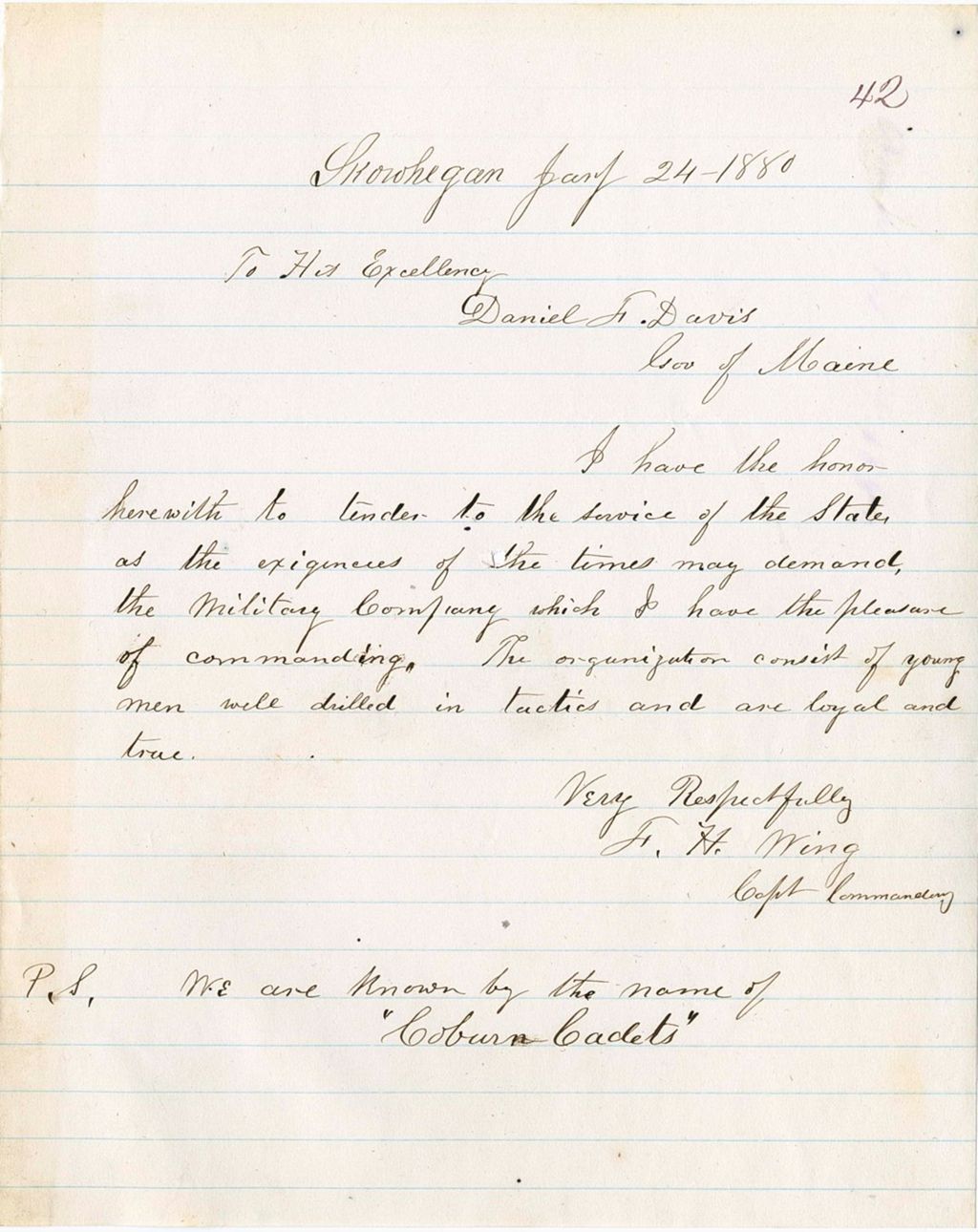 Miniature of F. H. Wing writing to Daniel F. Davis to inform the governor that they have formed an organization of men called the Auburn Cadets, 1880-01-24