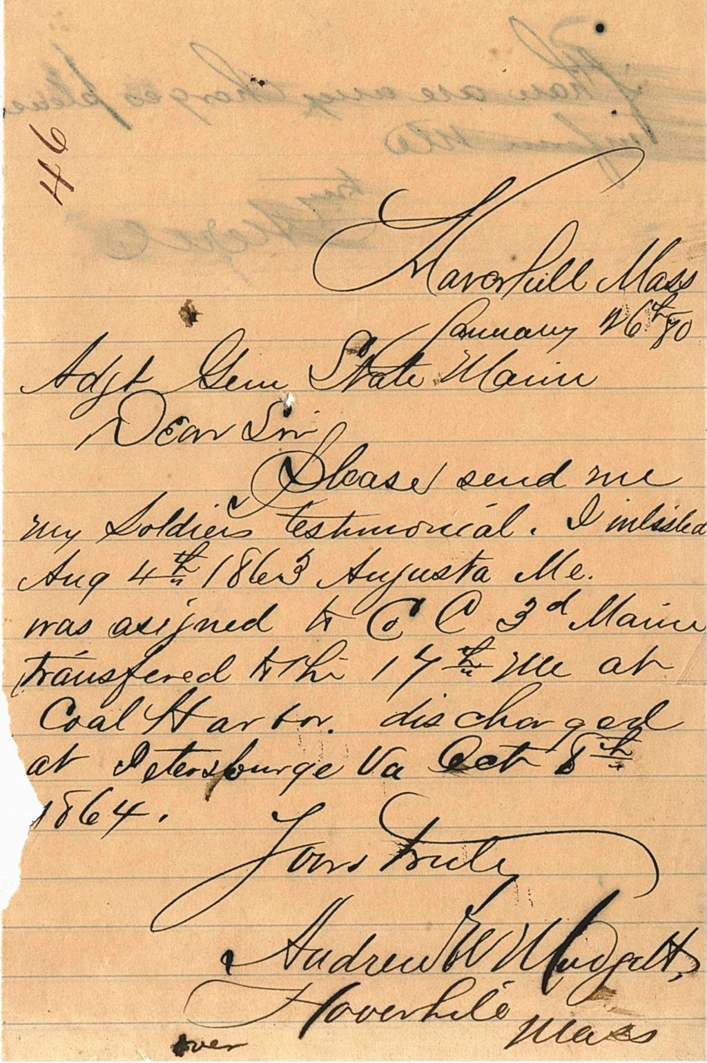 Miniature of Hadrick W. Widgett requesting his soldier testimonial, 1880-01-26