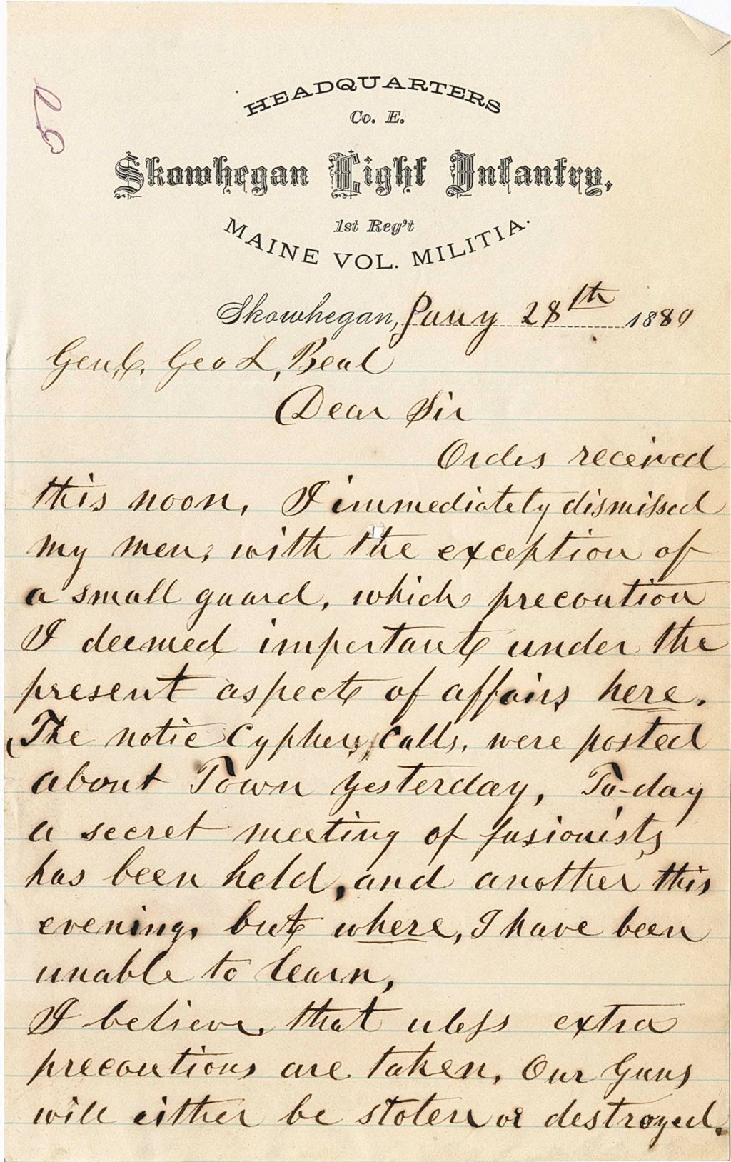 Miniature of Asa S. Emery writing to explain why he kept a small guard to watch their armory while fusionists speak of threats, 1880-01-28