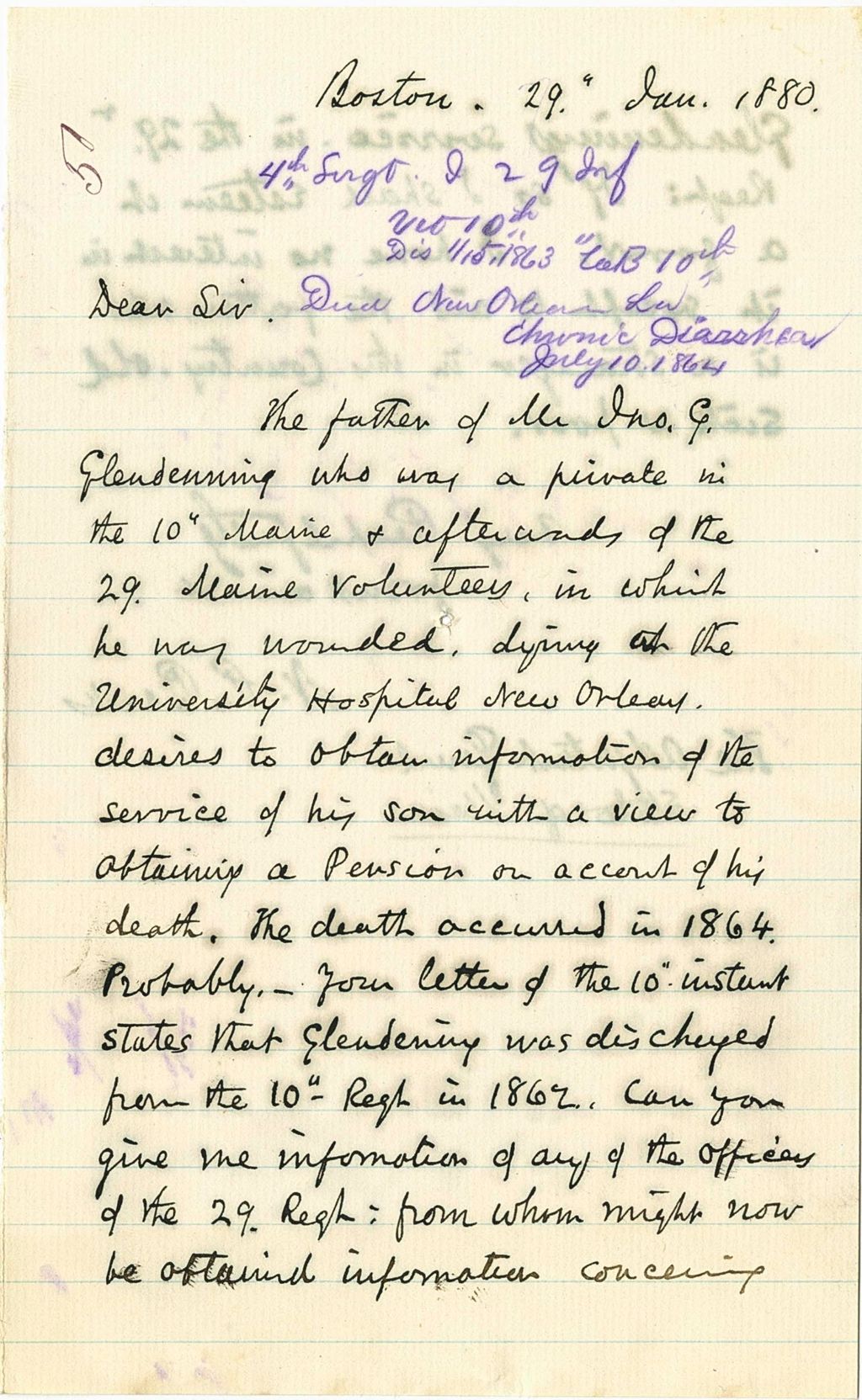 Miniature of N. P. [Pauk] requesting information of Mr. Ino. G. Glendenning in order to get a pension, 1880-01-29