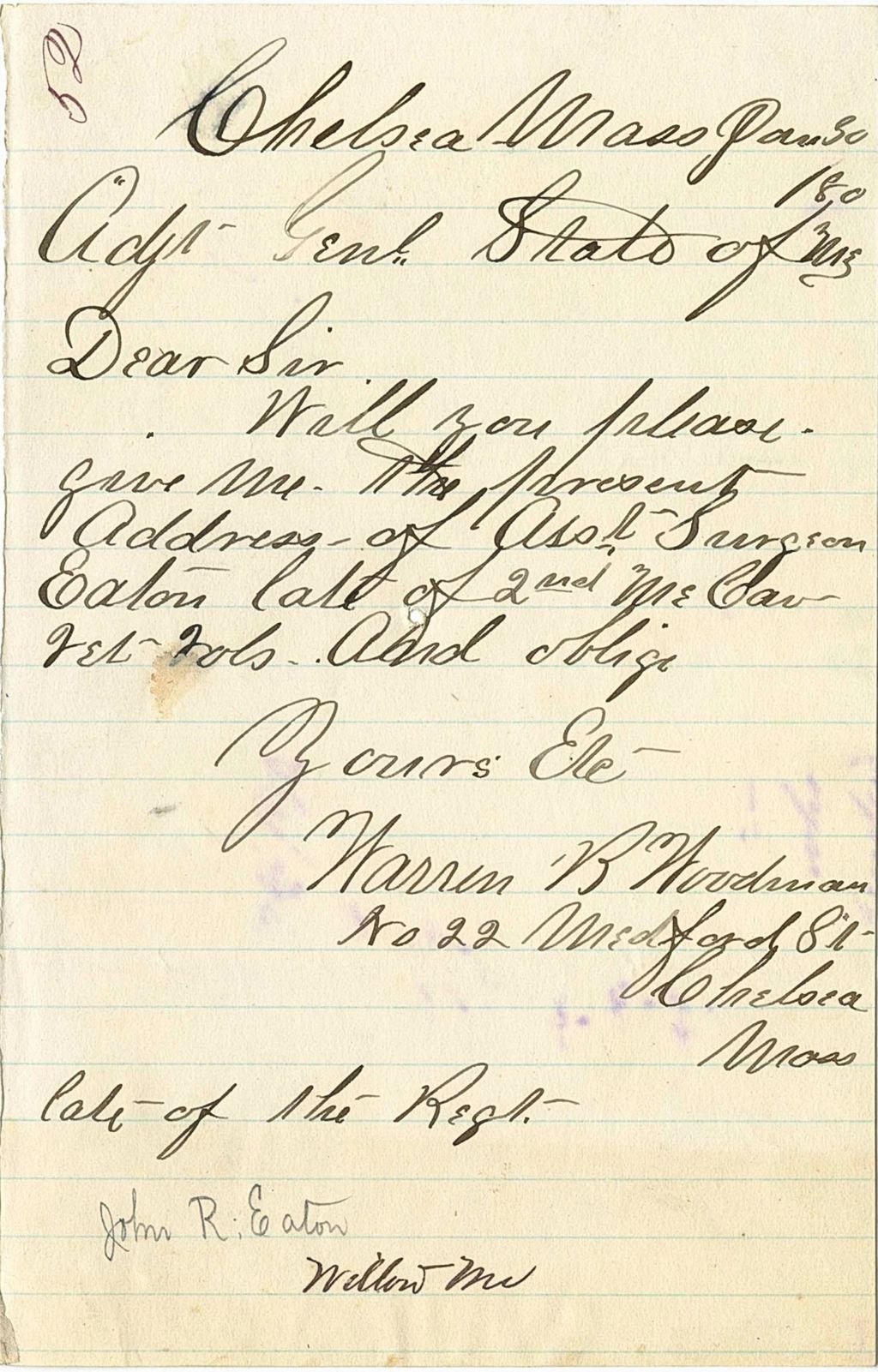 Miniature of Warren B. Woodman requesting the address of Surgeon Eaton [Late], 1880-01-30