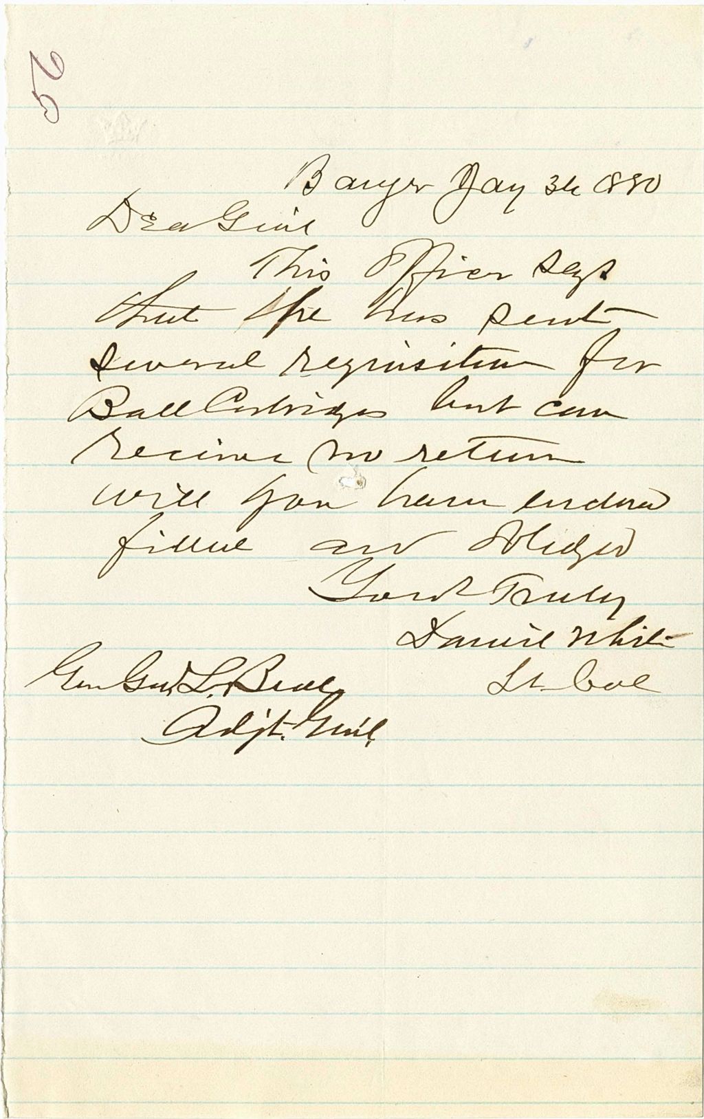 Miniature of Daniel White requesting ball [cartriges], 1880-01-31