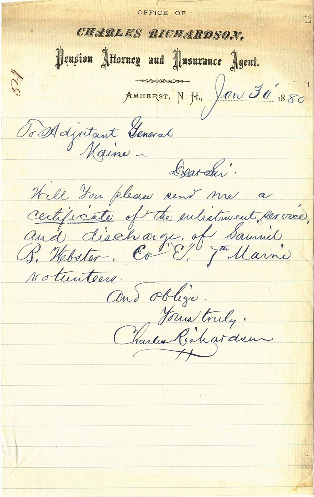Miniature of Charles Richardson requesting a certificate of enlistment and discharge of Samuel B. Webster, 1880-01-30