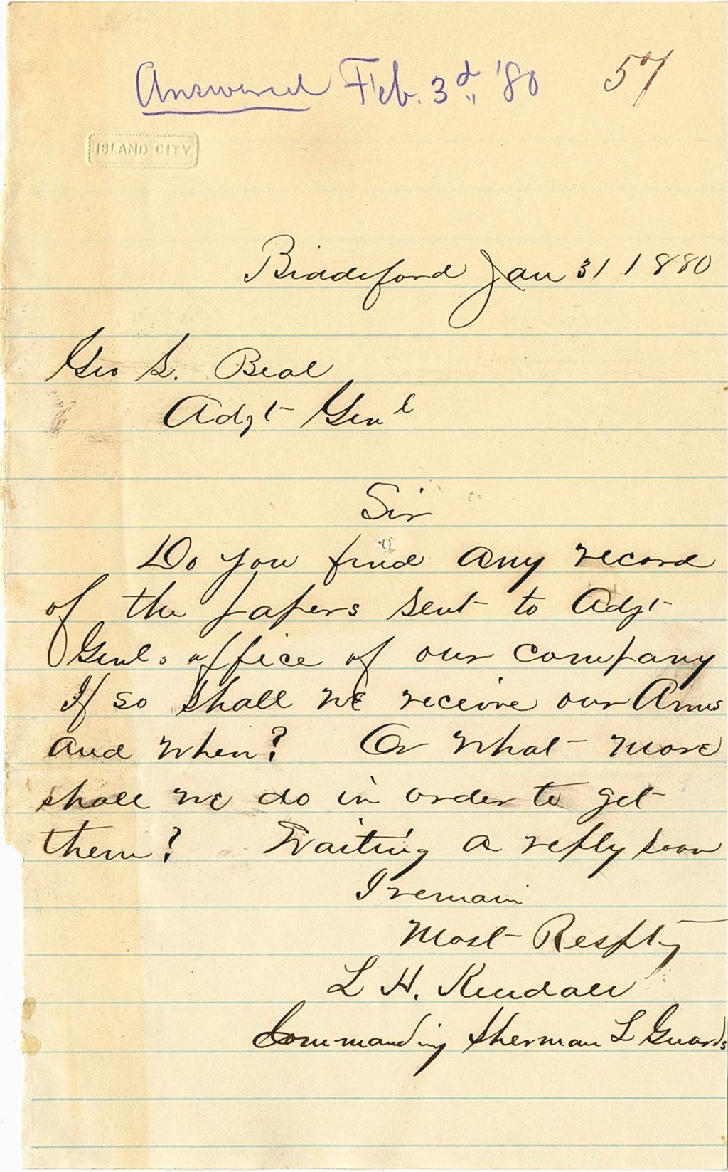 Miniature of L. H. Riudan requesting the dates that his company received their arms, 1880-01-31