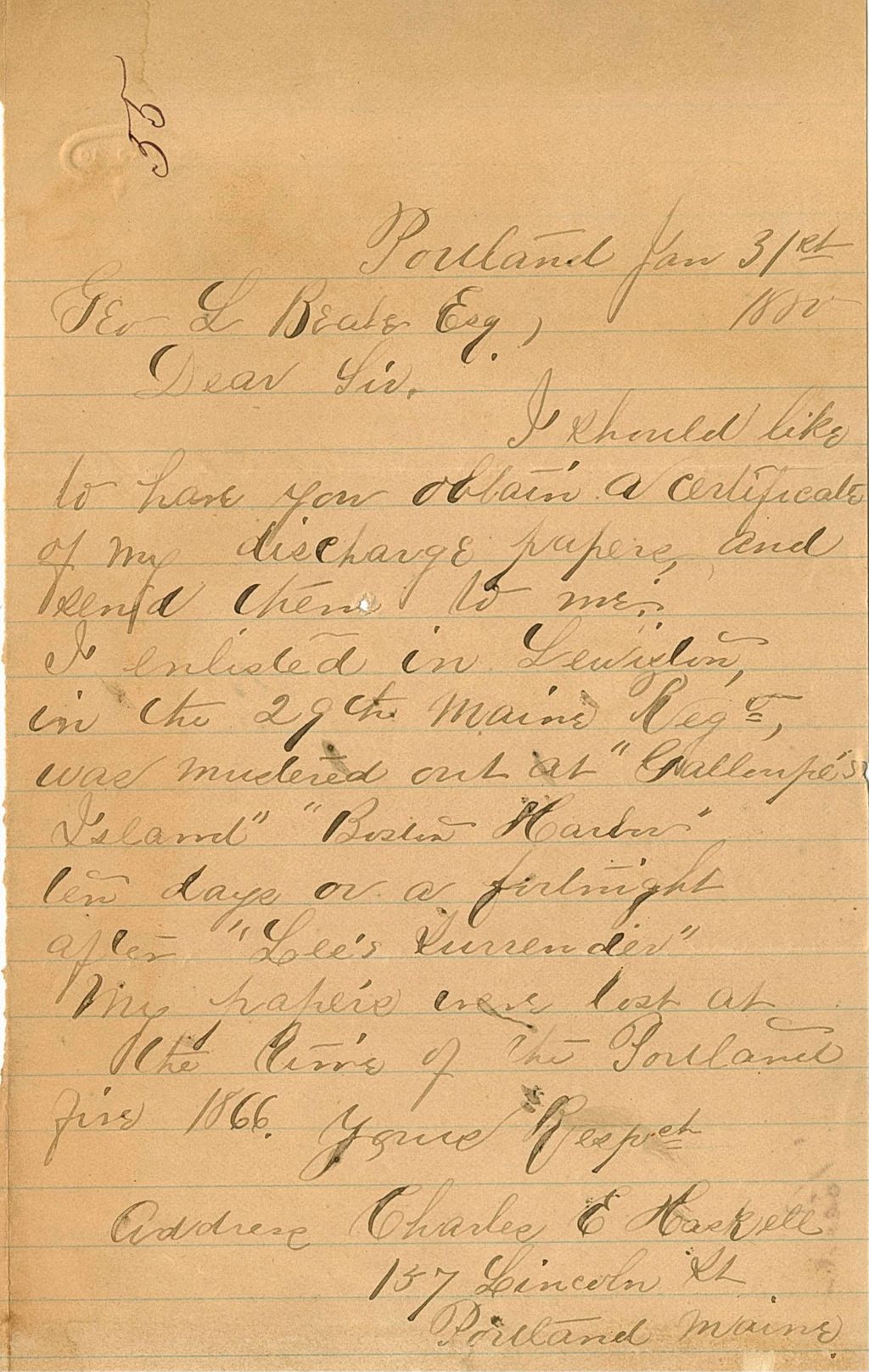 Miniature of Charles E. [Harwell] requesting his discharge papers, 1880-01-31