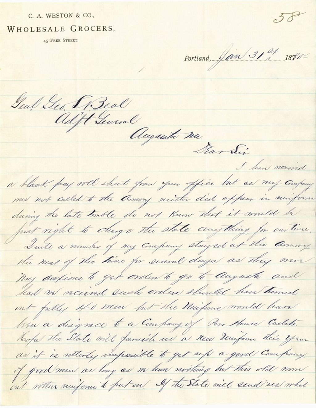 Miniature of C. A Weston writing to request new uniforms for their militia, 1880-01-31