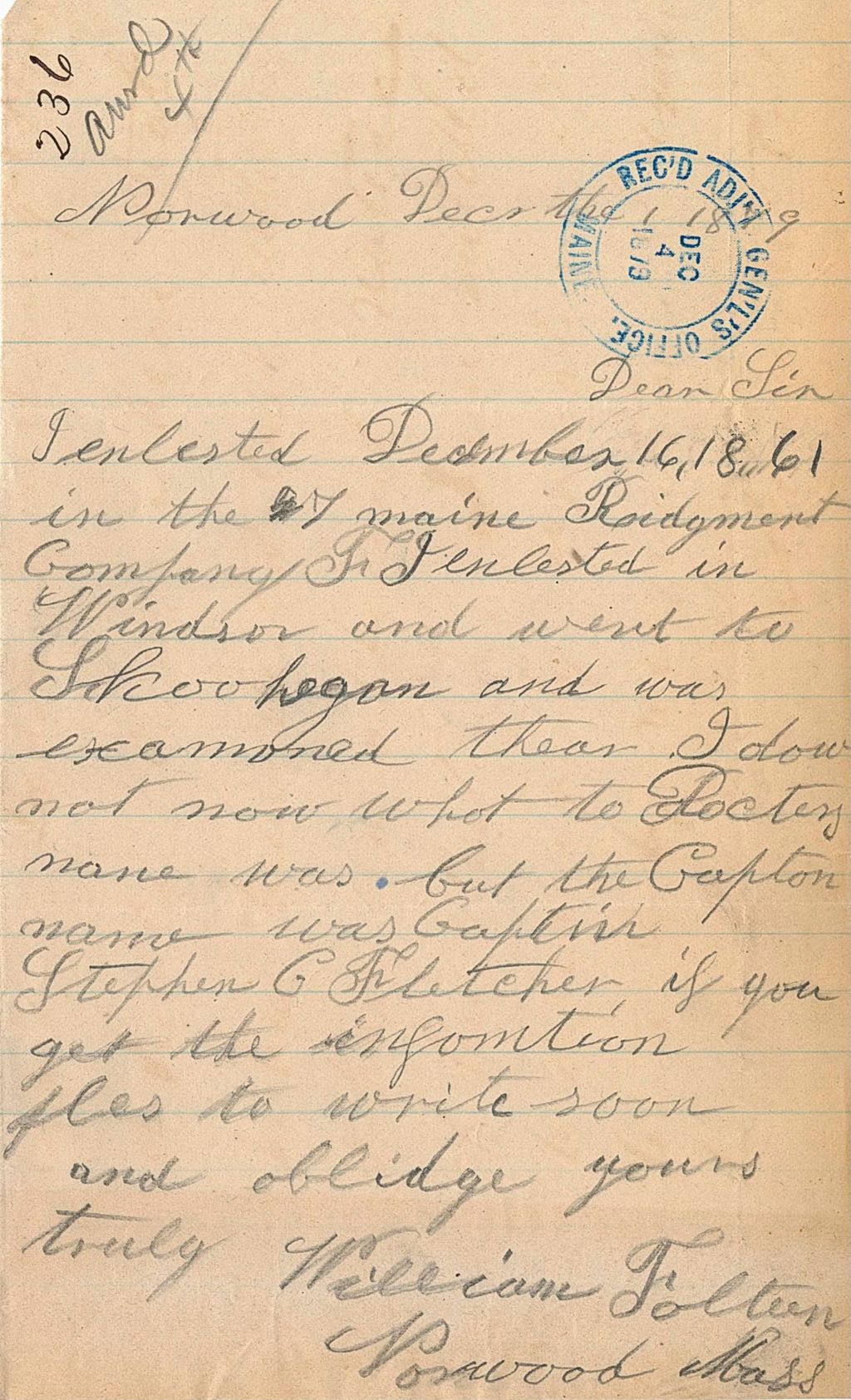 Miniature of Letter from William Folton Requesting name of doctor from Skowhegan, 1879-12-01