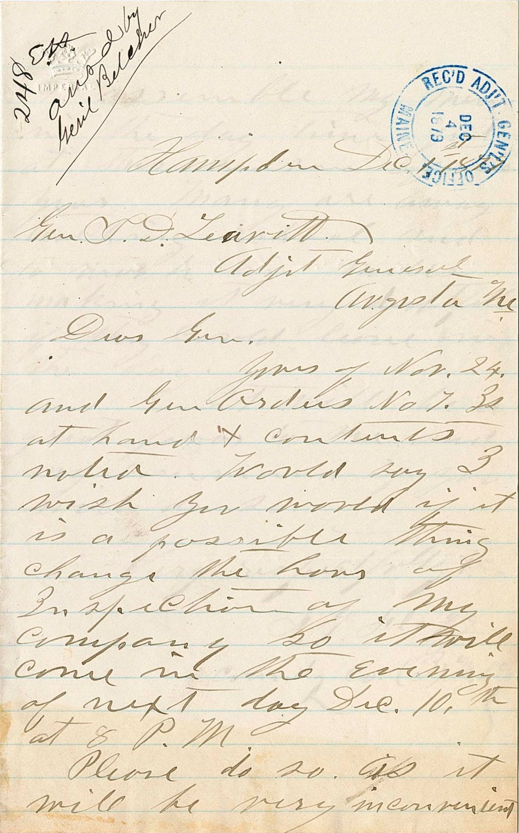 Miniature of Letter requesting for the time of inspection to be changed, company 3 from [S. G. Sologg], 1879-12-01
