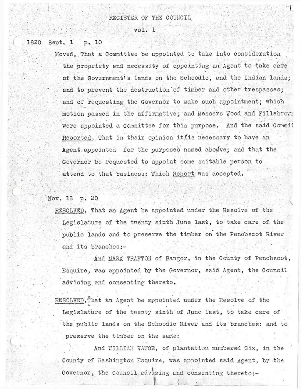Miniature of Indian affairs documents from Maine Executive Council: Register