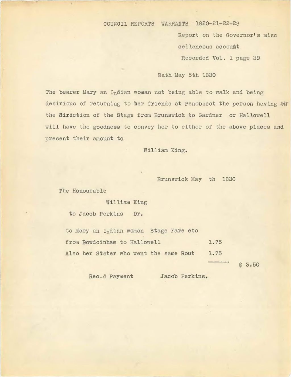 Miniature of Indian affairs documents from Maine Executive Council: 1820-1830