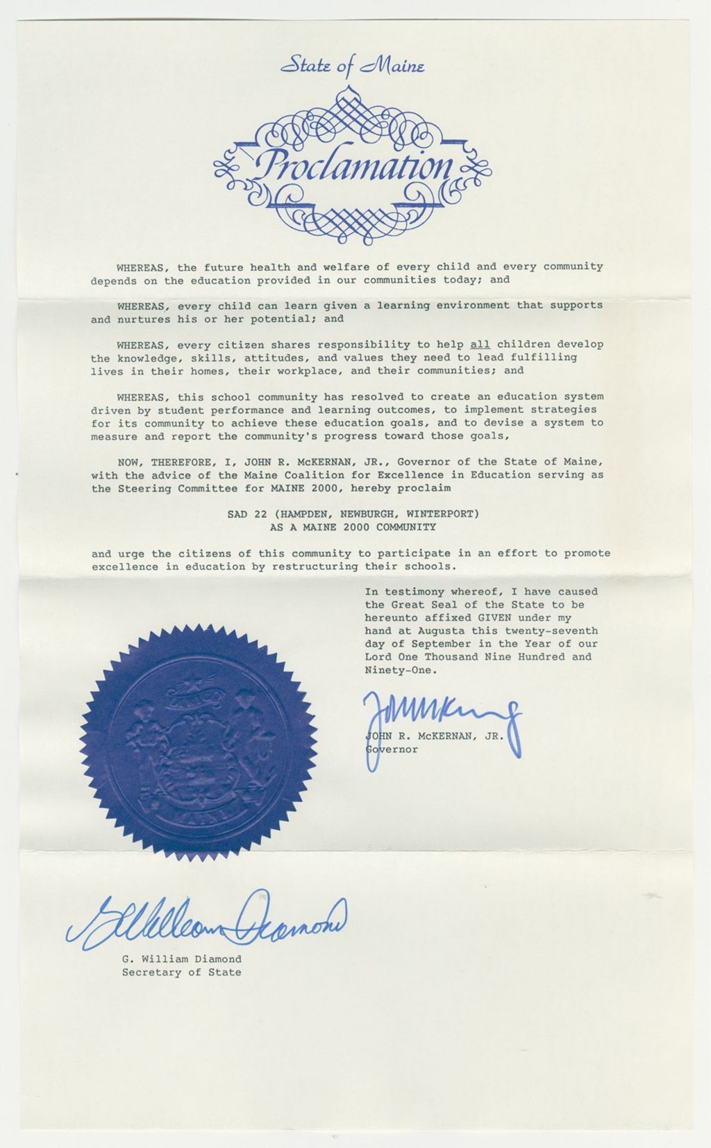 Miniature of SAD 22 (Hampden, Newburgh, Winterport) as a Maine 2000 Communtiy