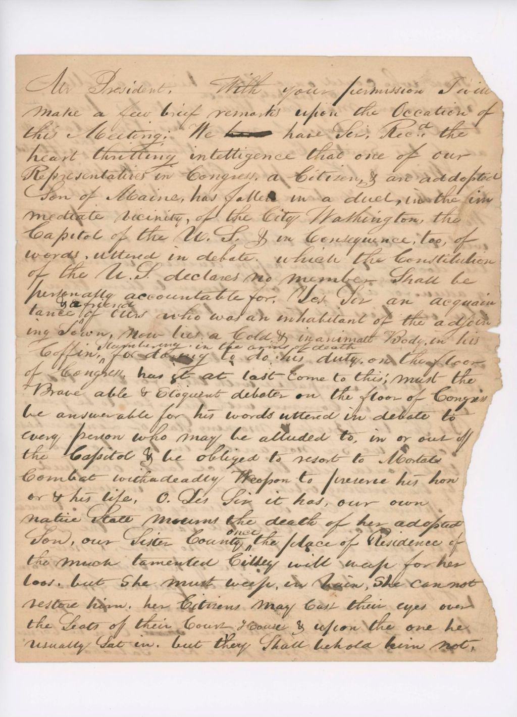Miniature of Letter re Death of Rep Jonathan Cilley