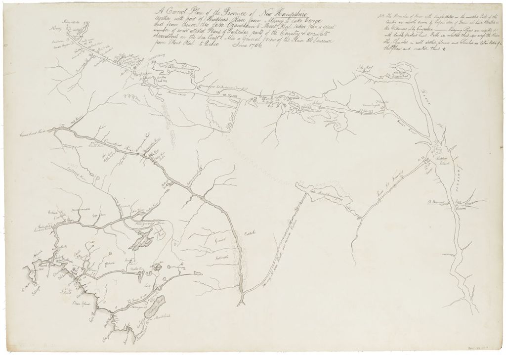 Miniature of A Correct Plan of the Province of New Hampshire together with part of Hudson River from Albany to Lake George and from thence thro' Lake Champlain to Mont Real: taken from a great number of exact attested Plans of particular parts of the Country & accurate observations of the Sea Coast. Also a General View of the River St Lawrence from Mont Real to Quebec; 1756