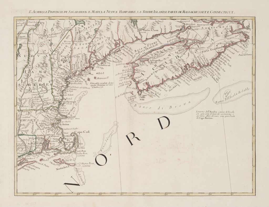 Miniature of L'Acadia, le Provincie di Sagadahook e Main, la Nuova Hampshire, la Rhode Island, e parte di Massachusset e Connceticut, 1778
