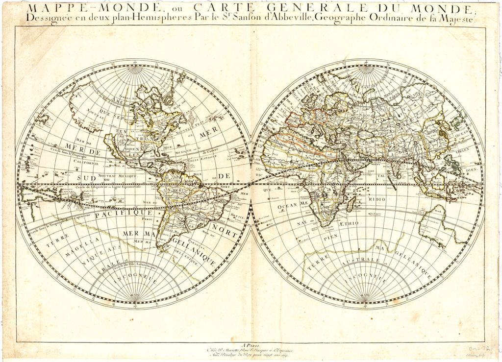 Miniature of Mappe-Monde, ou Carte Generale Du Monde; Dessignee en deux plan-Hemispheres par le Sr. Sanson d'Abbeville, Geographe Ordinaire de la Majeste, 1651