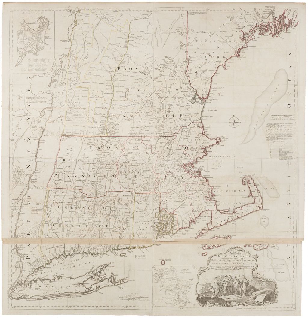 Miniature of A map of the most inhabited part of New England : containing the provinces of Massachusets Bay and New Hampshire, with the colonies of Conecticut and Rhode Island, divided into counties and townships : the whole composed from actual surveys and its situation adjusted by astronomical observations, 1774
