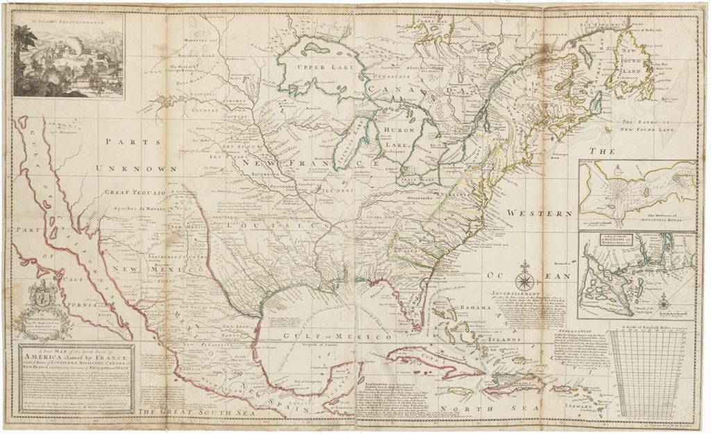 Miniature of A New Map of the North Parts of America Claimed by France under Names of Louisiana, Mississippi, Canada and New France with Adjoining Territories of England and Spain.  1720