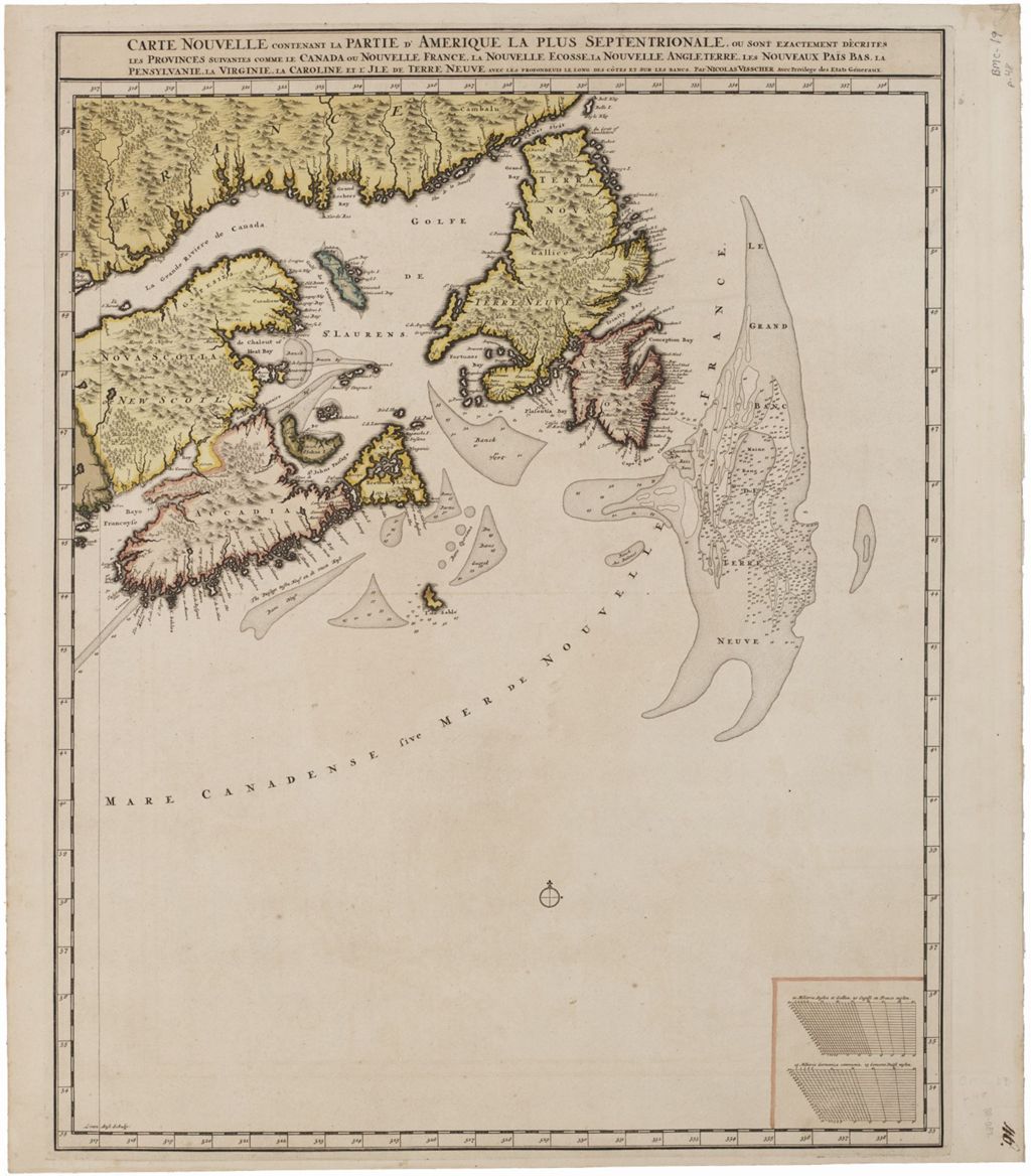 Miniature of Carte nouvelle contenant la partie d'Amerique la plus septentrionale, ou sont exactement decrites les provinces suivantes comme le Canada ou Nouvelle France, la Nouvelle Ecosse, la Nouvelle Angleterre, les Nouveaux Pais Bas, la Pensylvanie, la Virginie, la Caroline et l'Jle de Terre Neuve avec les profondeuis le long des cotes et sur les bancs, 1718