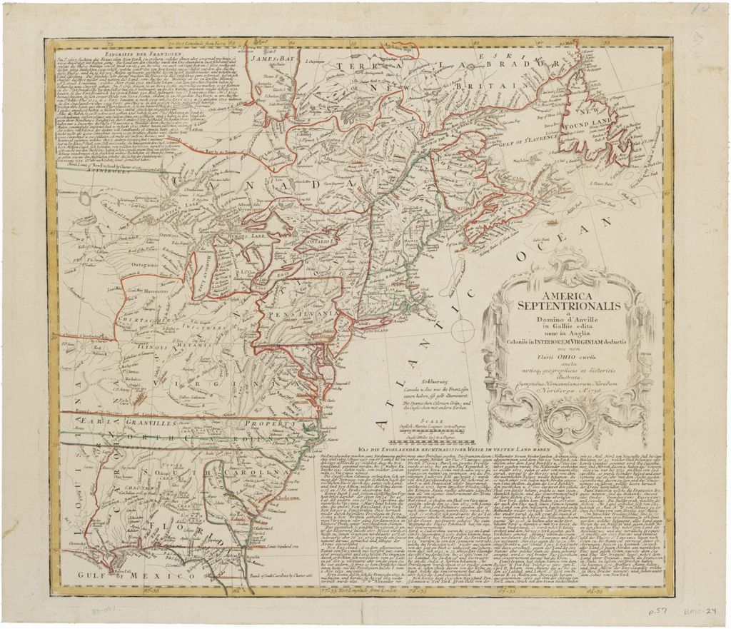 Miniature of America Septentrionalis a Domini d'Anville in Galliis edita nunc in Anglia. Coloniis in interiorem Virginiam deductis nec non Fluvii Ohio aucta cursu notisque geographicis et historicis illustrata. [circa 1756]