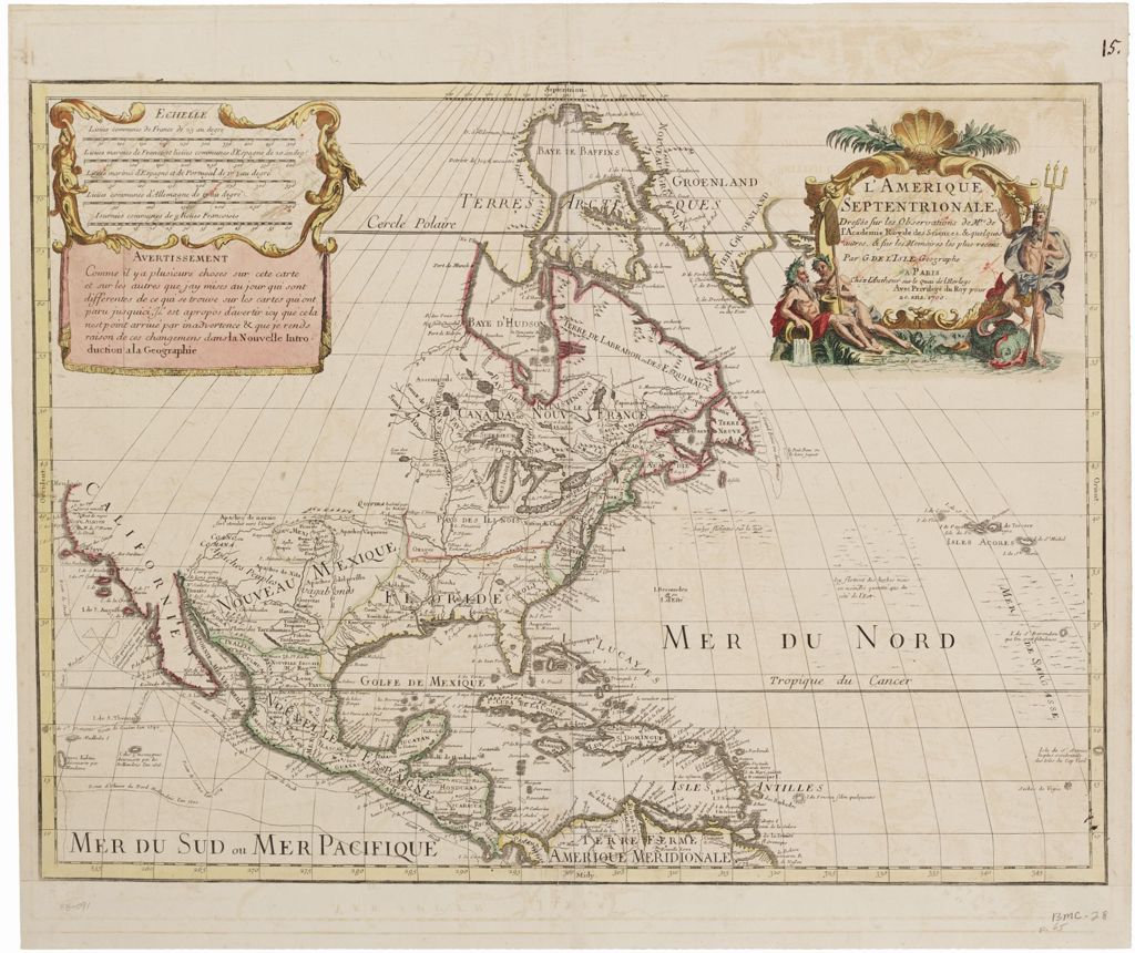 Miniature of L'Amerique Septentrionale. Dressee sur les observations de Mrs. de l'Academie Royale des Sciences, & quelques autres, & sur les Memoires les plus recens. Par G. de l'Isle, Geographe. A Paris, chez l'Auteur sur le Quai de l'Horloge, avec Privilege du Roy pour 20. ans, 1700