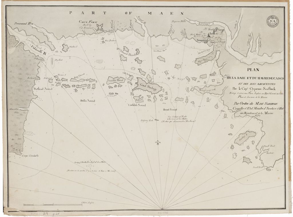 Miniature of Plan de la Baie et du Havre de Casco et des i'les adjacentes, par Cyprian Southack. Redige', d'apre's un plan anglois, au Depot general des cartes, plans et journaux de la marine. Par ordre de M. de Sartine, conseiller d'Etat, ministre et secretaire d'Etat au Departement de la marine, 1779
