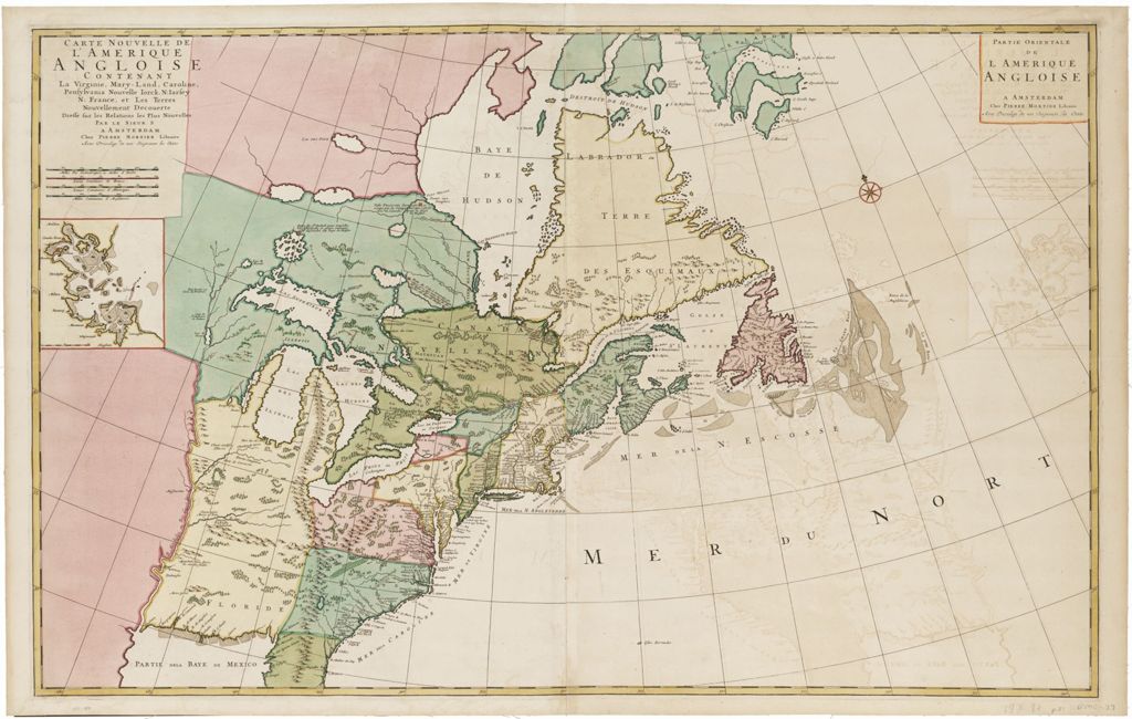 Miniature of Carte nouvelle de l'rique Angloise, contenant la Virginie, Mary-Land, Caroline, Pensylvania, Nouvelle Iorck, N:Iarsey, N. France, et les terres nouvellement dcouerte dress sur les relations les plus nouvelles. Circa 1700