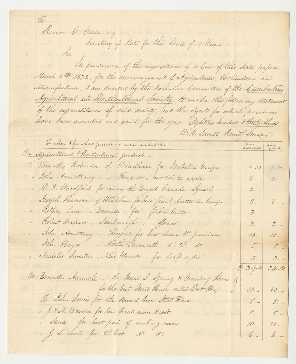 Miniature of Notice of 1833 Premiums and Expenditures of the Society, 1834-01-25