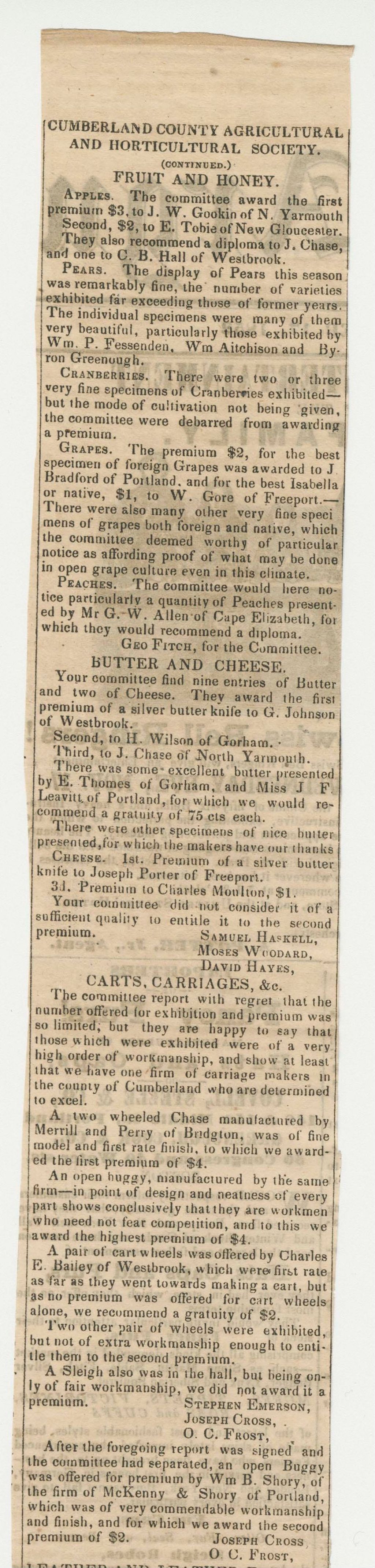 Miniature of Newspaper Announcement of Agricultural Society Premiums, 1852