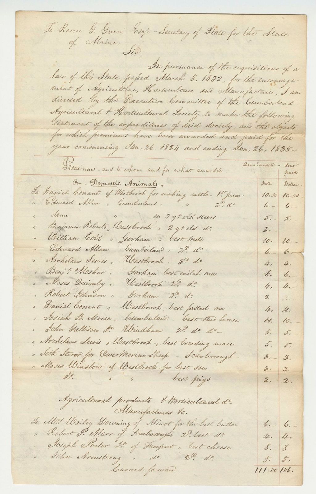 Miniature of Notice of 1834 Premiums and Expenditures of the Society, 1835-01-26