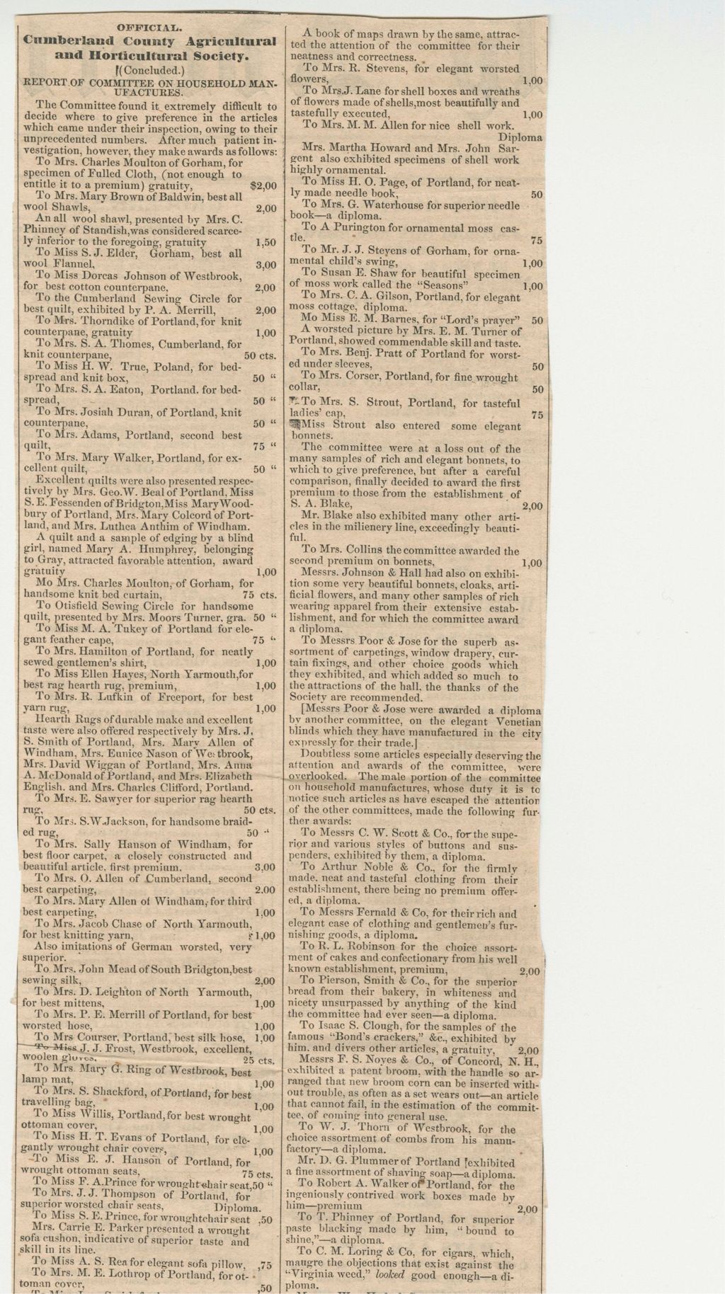 Miniature of Newspaper Announcement of Agricultural Society Premiums, 1852