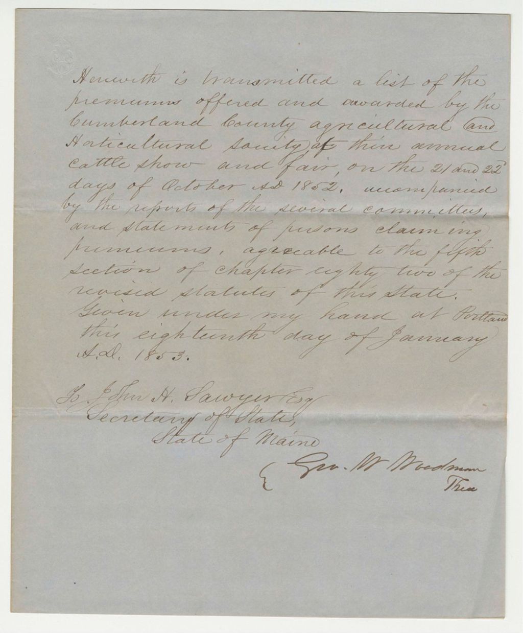 Miniature of Return of the Cumberland County Agricultural Society, 1853-02-11