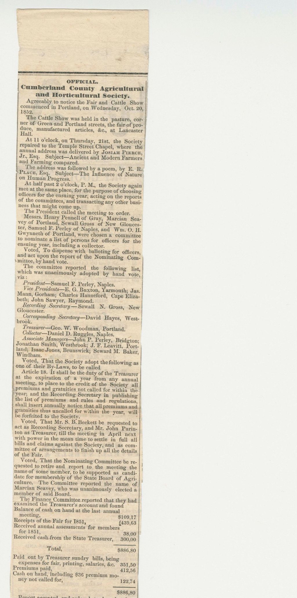 Miniature of Newspaper Announcement of Agricultural Society Premiums, 1852-10-20