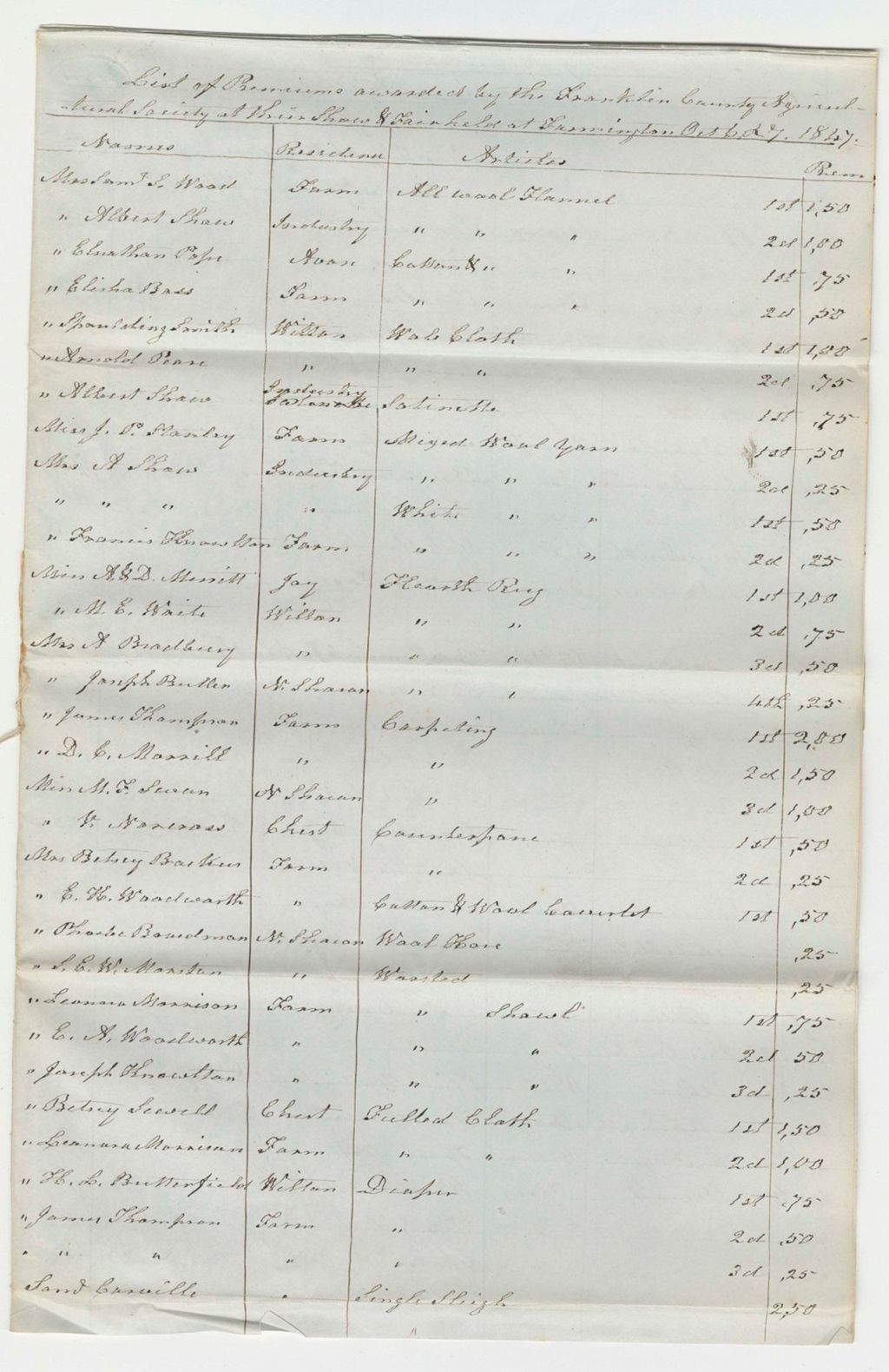 Miniature of List of 1847 Premiums awarded by the Franklin County Agricultural Society, 1847-10-27