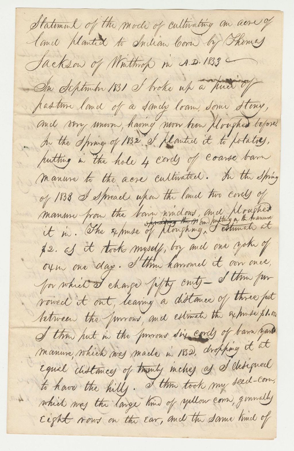 Miniature of Thomas Jackson's Statement as to Culture and Quantity of Indian Corn 1863, 1833-12-26