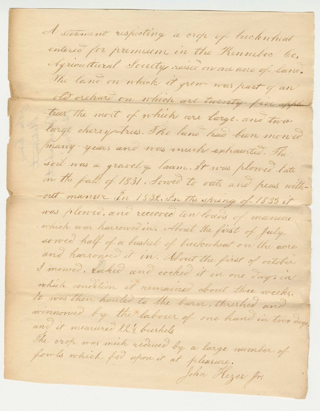 Miniature of John Kezer Statement on Buckwheat Premiums, 1833
