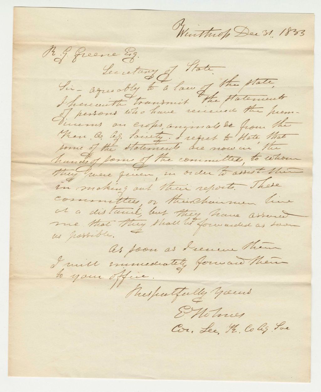 Miniature of Letter to the Board of the Kennebec County Agricultural Society, 1833-12-31