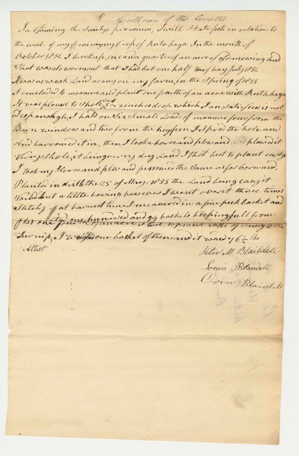 Miniature of Peter M. Blaisdell Statement on Rutabaga Premium, 1834