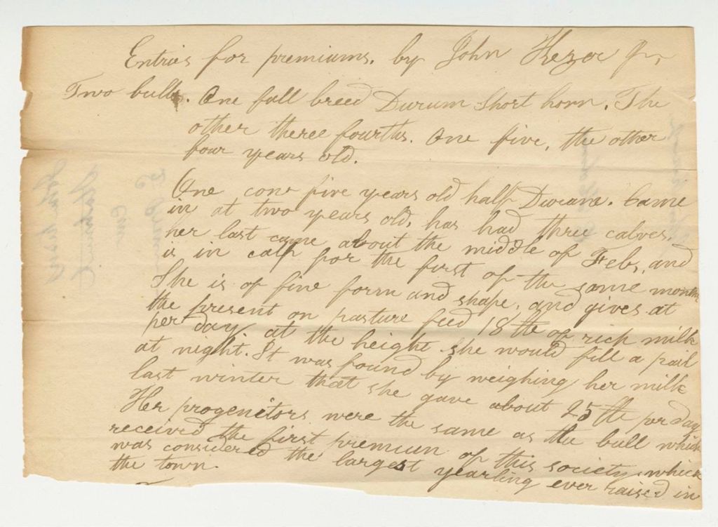 Miniature of John Kezer Statement on Cow Premium, 1834